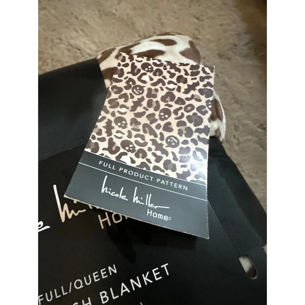 Nicole Miller Home Halloween Leopard Skull Plush Blanket Full Queen Brown Cream